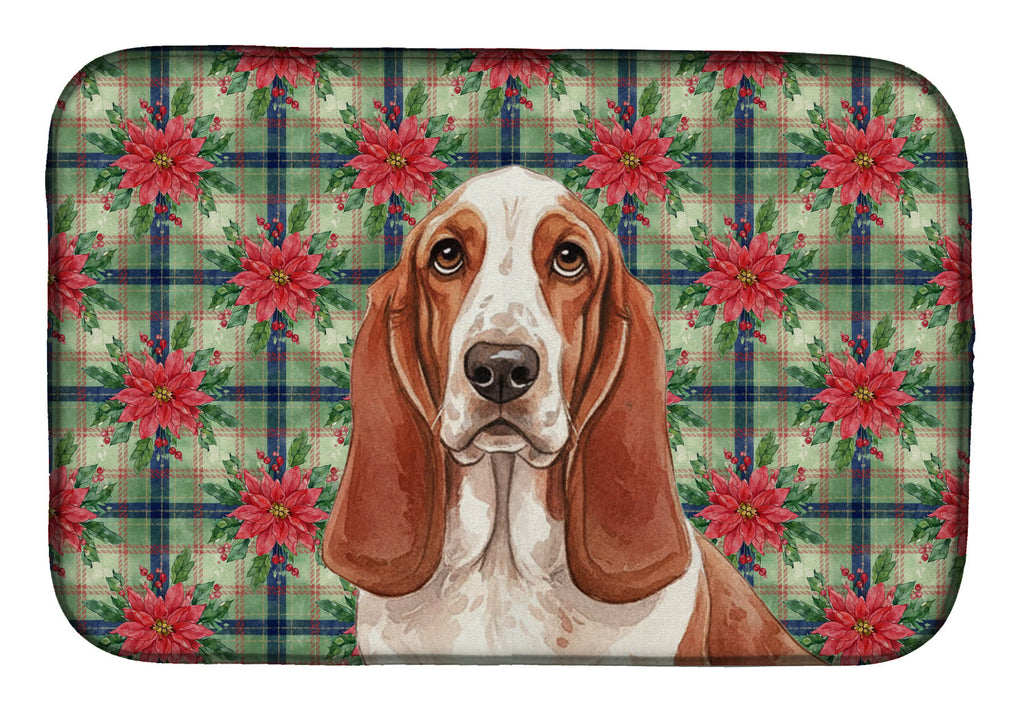 Red and White Basset Hound Christmas PoinsettIas Dish Drying Mat Absorbent Dish Drying Mat Pad for Kitchen Counter Dish Drainer Mat for Countertop, 14 x 21", Multicolor