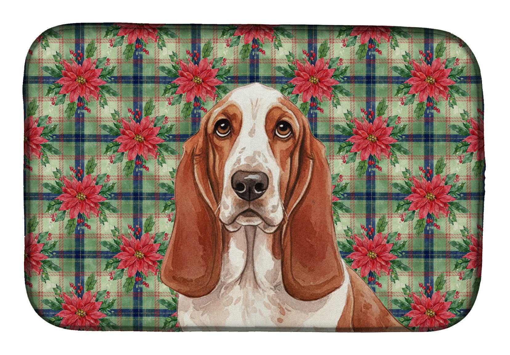 Red and White Basset Hound Christmas PoinsettIas Dish Drying Mat Absorbent Dish Drying Mat Pad for Kitchen Counter Dish Drainer Mat for Countertop, 14 x 21", Multicolor
