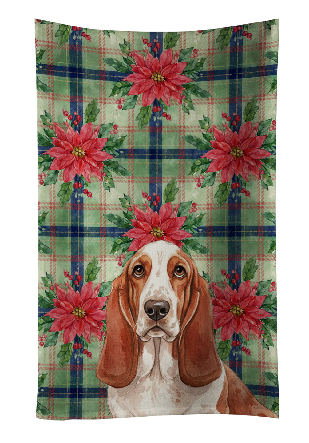Red and White Basset Hound Christmas PoinsettIas Kitchen Towel Velour Plush Front and Cotton Loop Back Machine Washable