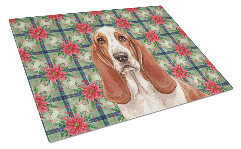 Red and White Basset Hound Christmas PoinsettIas Cutting Board Tempered Glass Kitchen Cutting Surface, Heat Resistant Chopping, Non-Slip Feet, Food Prep & Serving