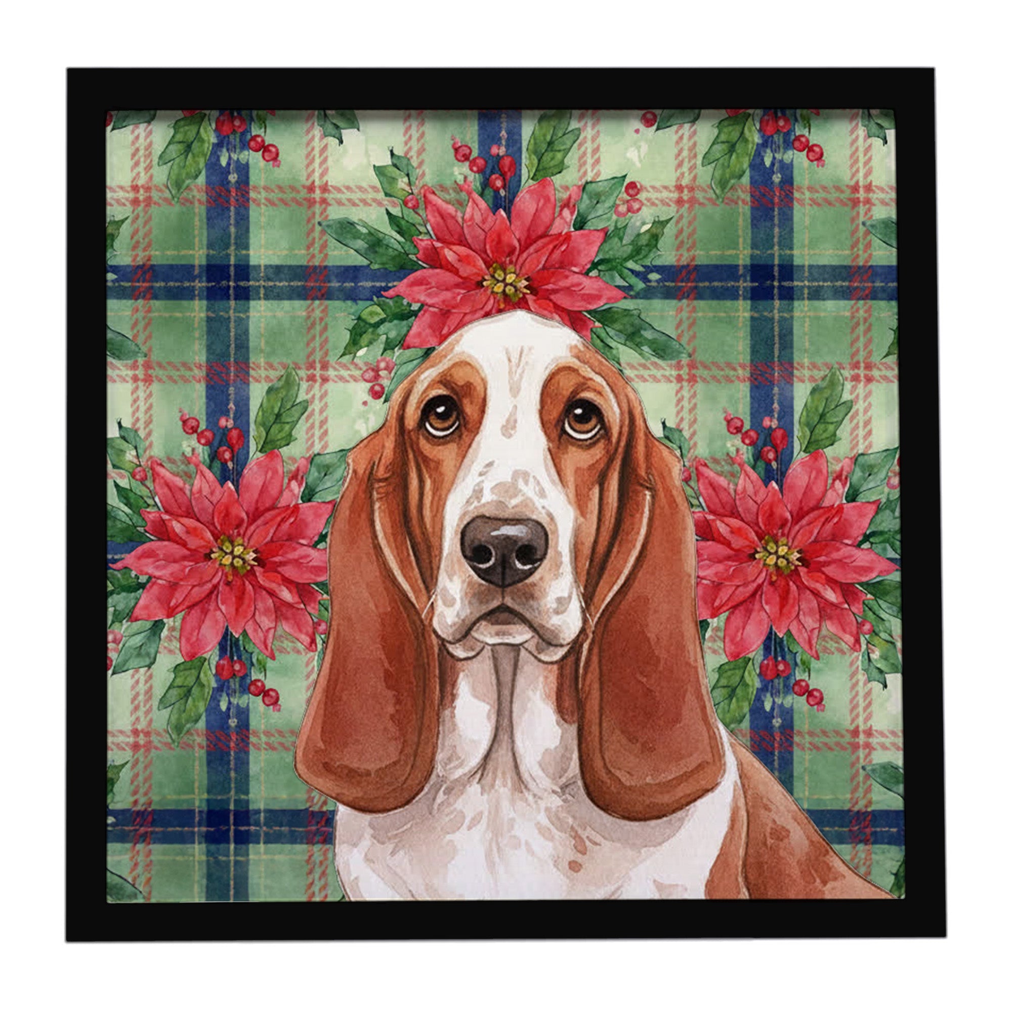 Red and White Basset Hound Christmas PoinsettIas Framed Metal Print Bathroom, Kitchen, Office, Home Decor Wall Art Ready to Hang, Square, 8X8