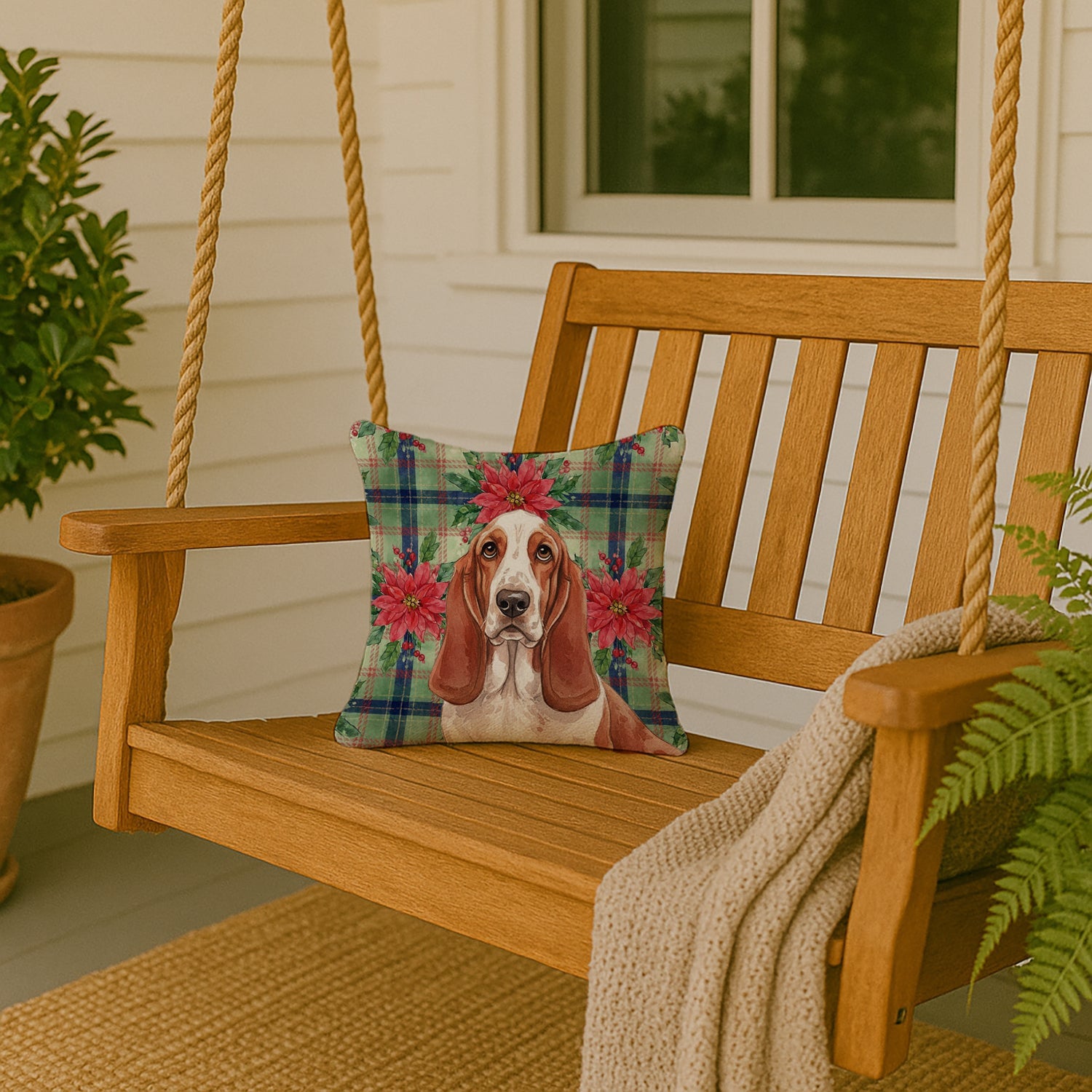 Red and White Basset Hound Christmas PoinsettIas Decorative Throw Pillow 14x14 Indoor Outdoor Accent Cushion, Fabric Cover with Insert for Sofa, Bed, Porch & Living Room