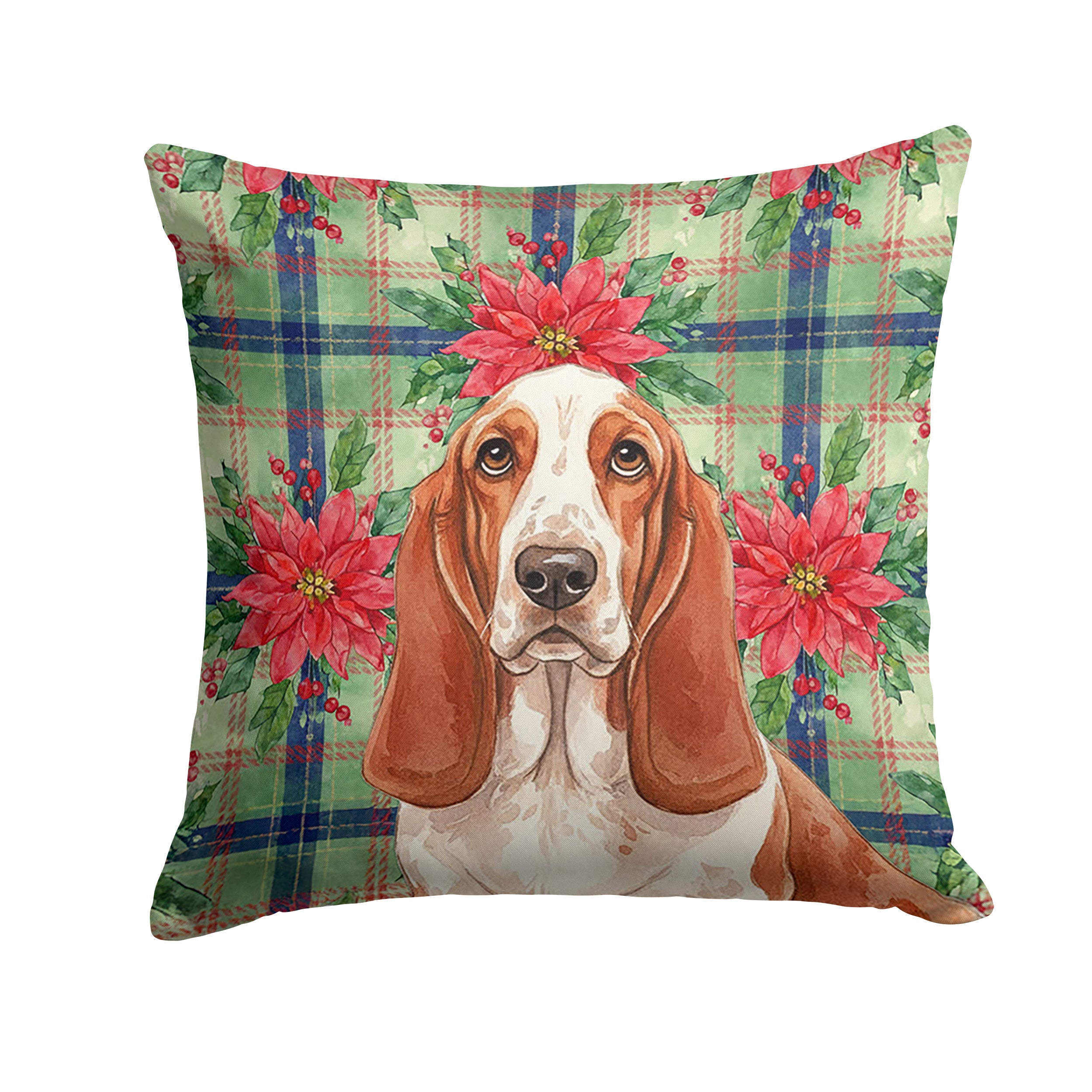 Red and White Basset Hound Christmas PoinsettIas Decorative Throw Pillow 18x18 Indoor Outdoor Accent Cushion, Fabric Cover with Insert for Sofa, Bed, Porch & Living Room
