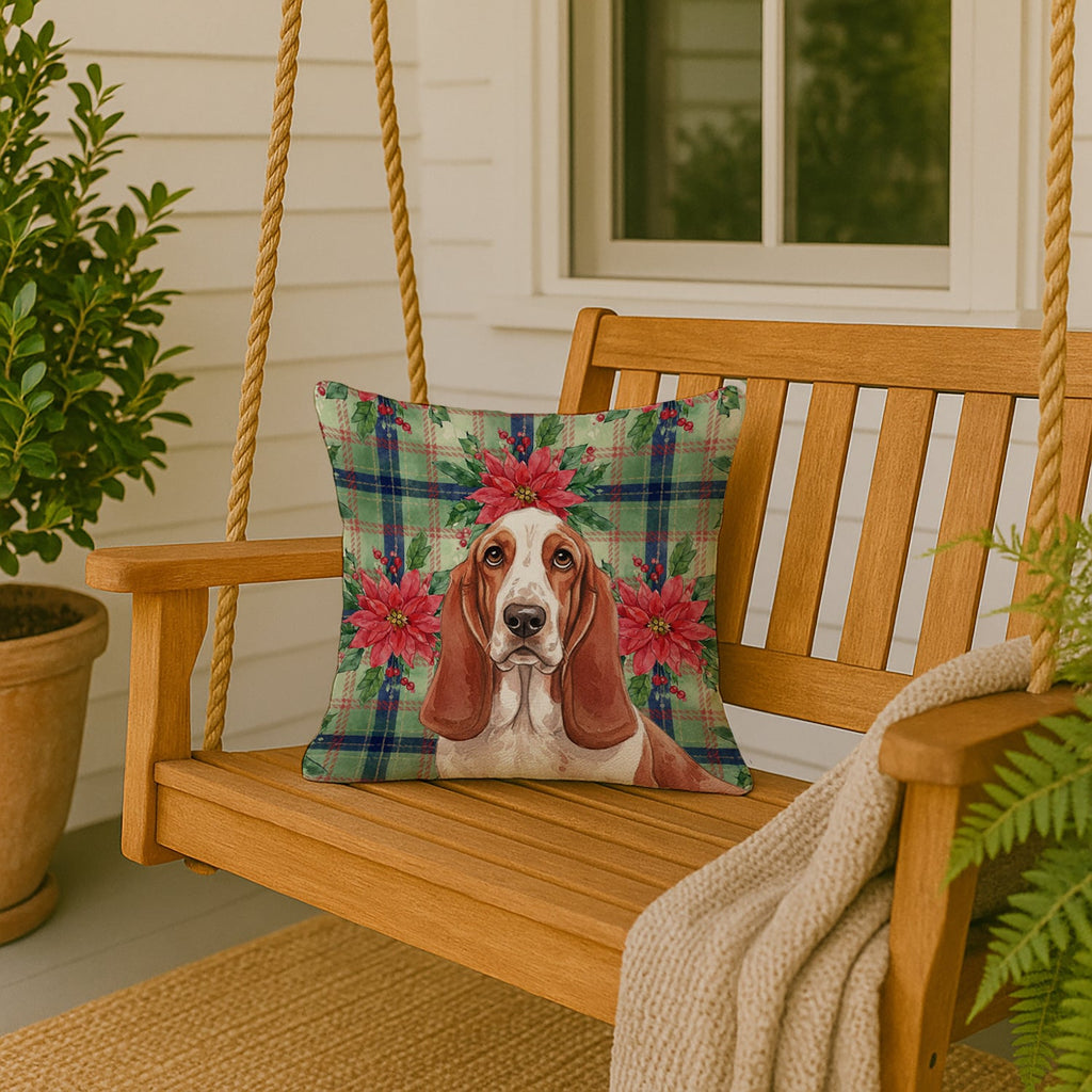 Red and White Basset Hound Christmas PoinsettIas Decorative Throw Pillow 18x18 Indoor Outdoor Accent Cushion, Fabric Cover with Insert for Sofa, Bed, Porch & Living Room