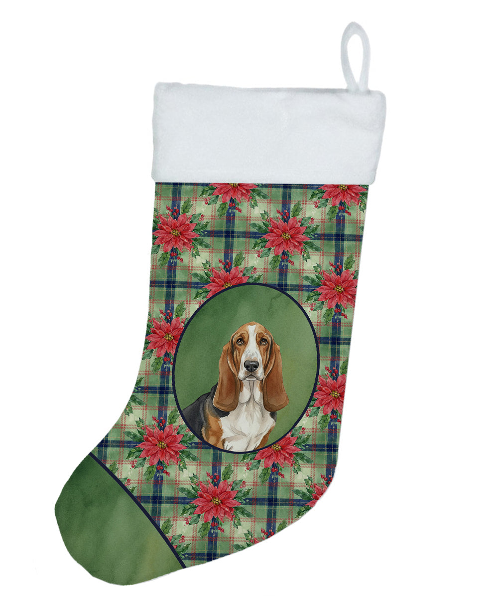 Tricolor and White Basset Hound Christmas PoinsettIas Holiday Stocking Double-Sided Print, Polyester Suede,11x18, Made in USA