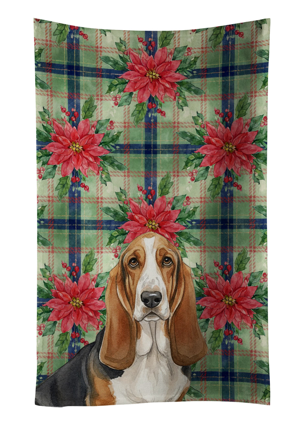 Tricolor and White Basset Hound Christmas PoinsettIas Kitchen Towel Velour Plush Front and Cotton Loop Back Machine Washable