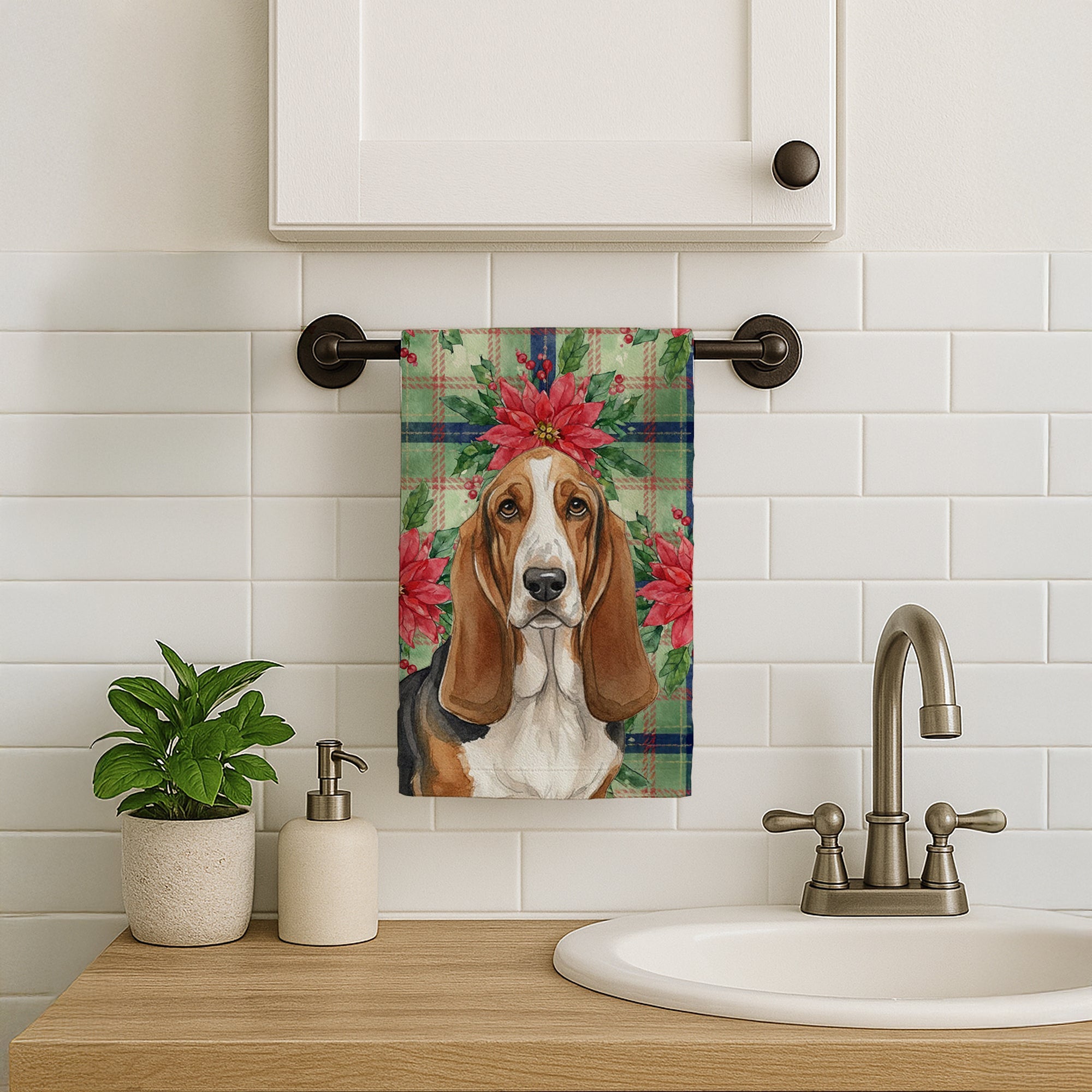 Tricolor and White Basset Hound Christmas PoinsettIas Kitchen Towel Velour Plush Front and Cotton Loop Back Machine Washable