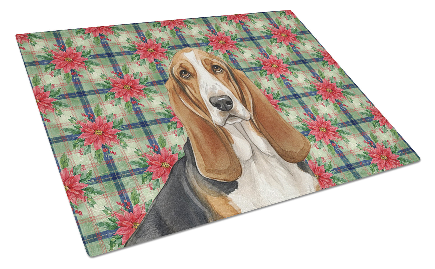 Tricolor and White Basset Hound Christmas PoinsettIas Cutting Board Tempered Glass Kitchen Cutting Surface, Heat Resistant Chopping, Non-Slip Feet, Food Prep & Serving