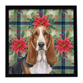 Tricolor and White Basset Hound Christmas PoinsettIas Framed Metal Print Bathroom, Kitchen, Office, Home Decor Wall Art Ready to Hang, Square, 8X8