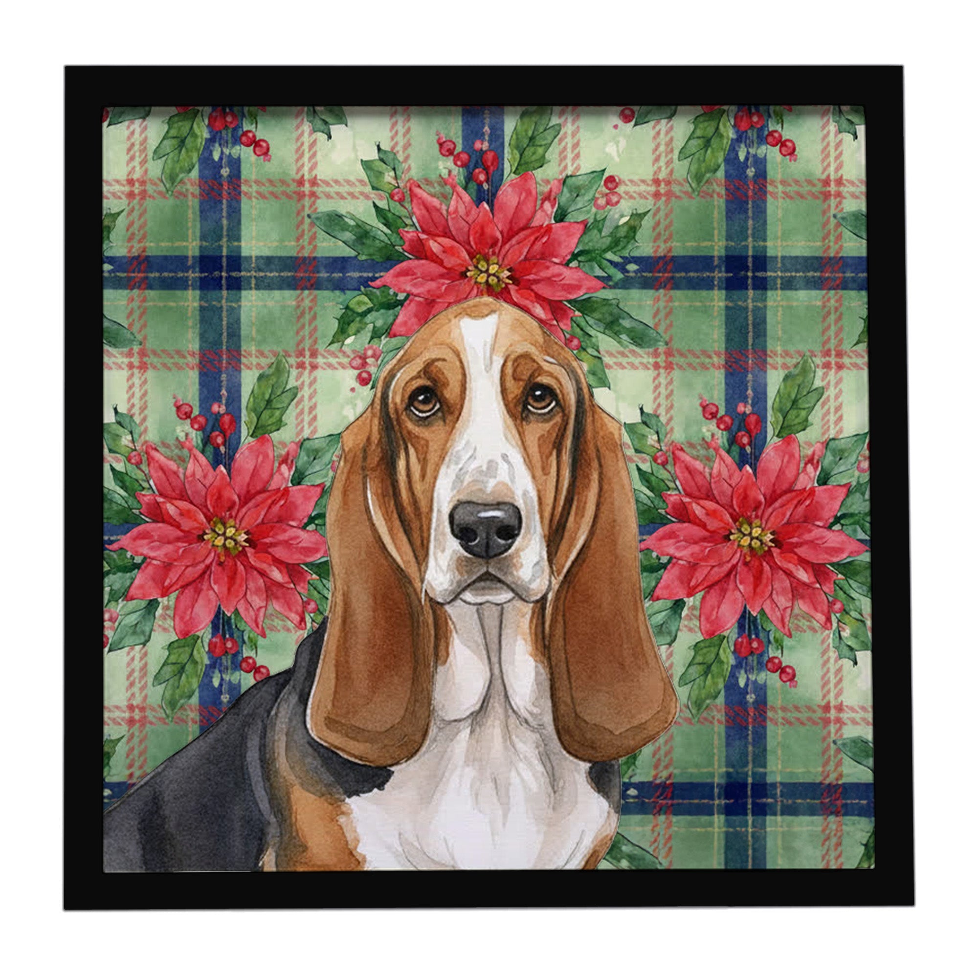 Tricolor and White Basset Hound Christmas PoinsettIas Framed Metal Print Bathroom, Kitchen, Office, Home Decor Wall Art Ready to Hang, Square, 8X8