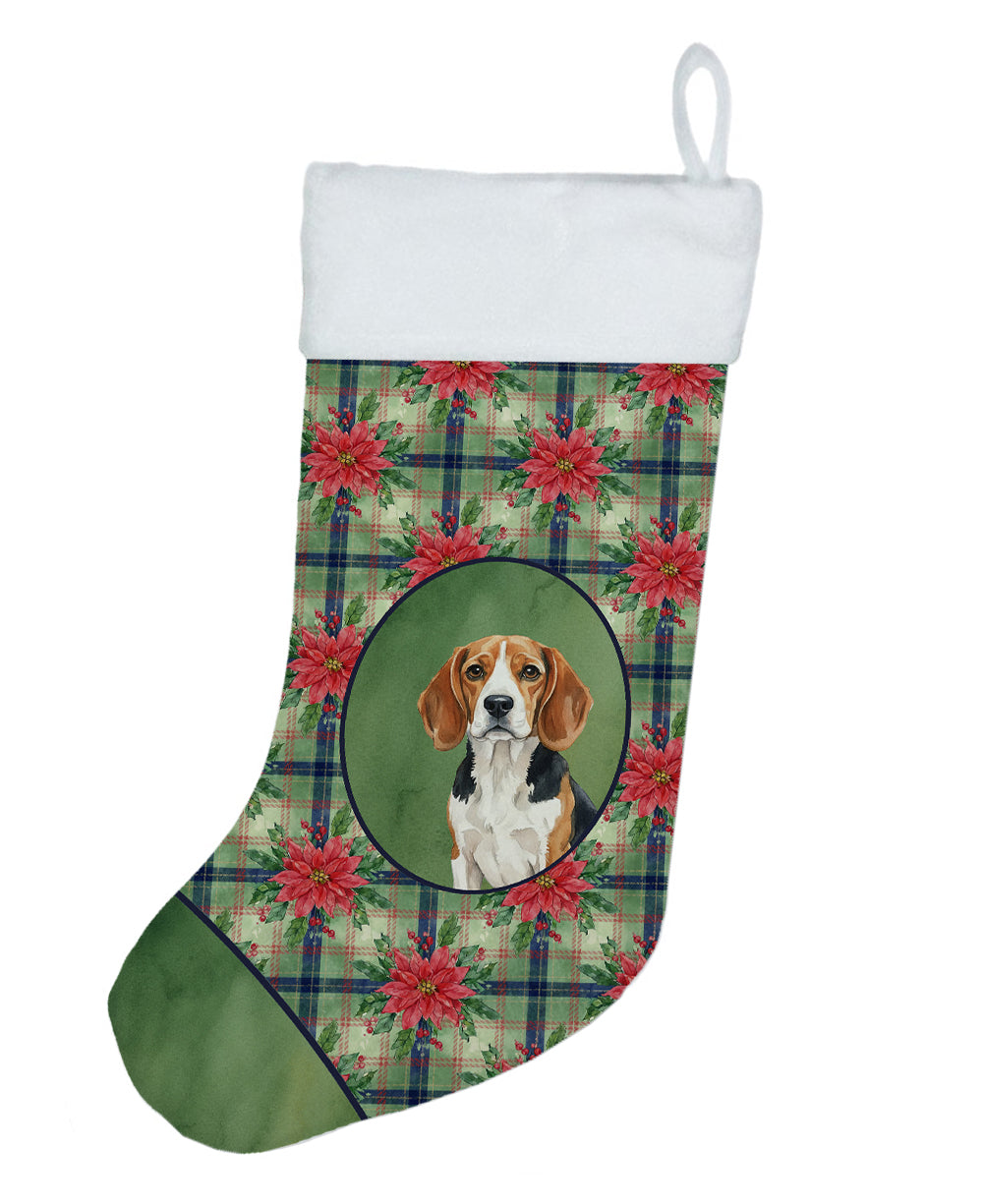 Beagle Christmas PoinsettIas Holiday Stocking Double-Sided Print, Polyester Suede,11x18, Made in USA