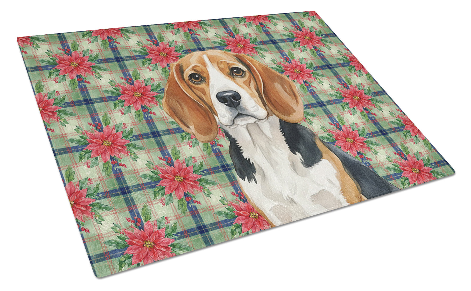 Beagle Christmas PoinsettIas Cutting Board Tempered Glass Kitchen Cutting Surface, Heat Resistant Chopping, Non-Slip Feet, Food Prep & Serving