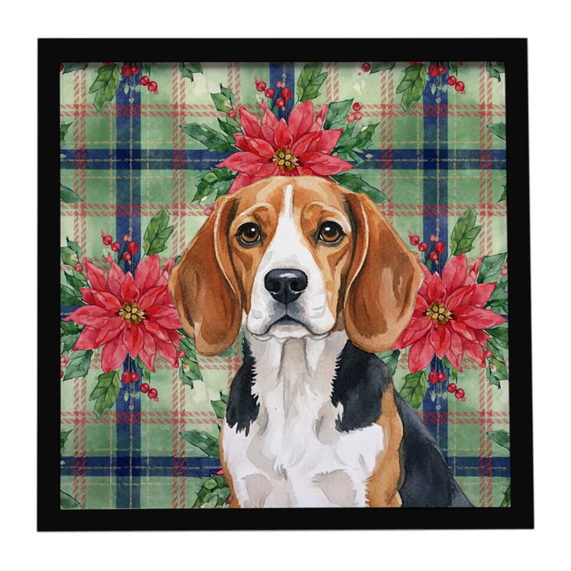 Beagle Christmas PoinsettIas Framed Metal Print Bathroom, Kitchen, Office, Home Decor Wall Art Ready to Hang, Square, 8X8