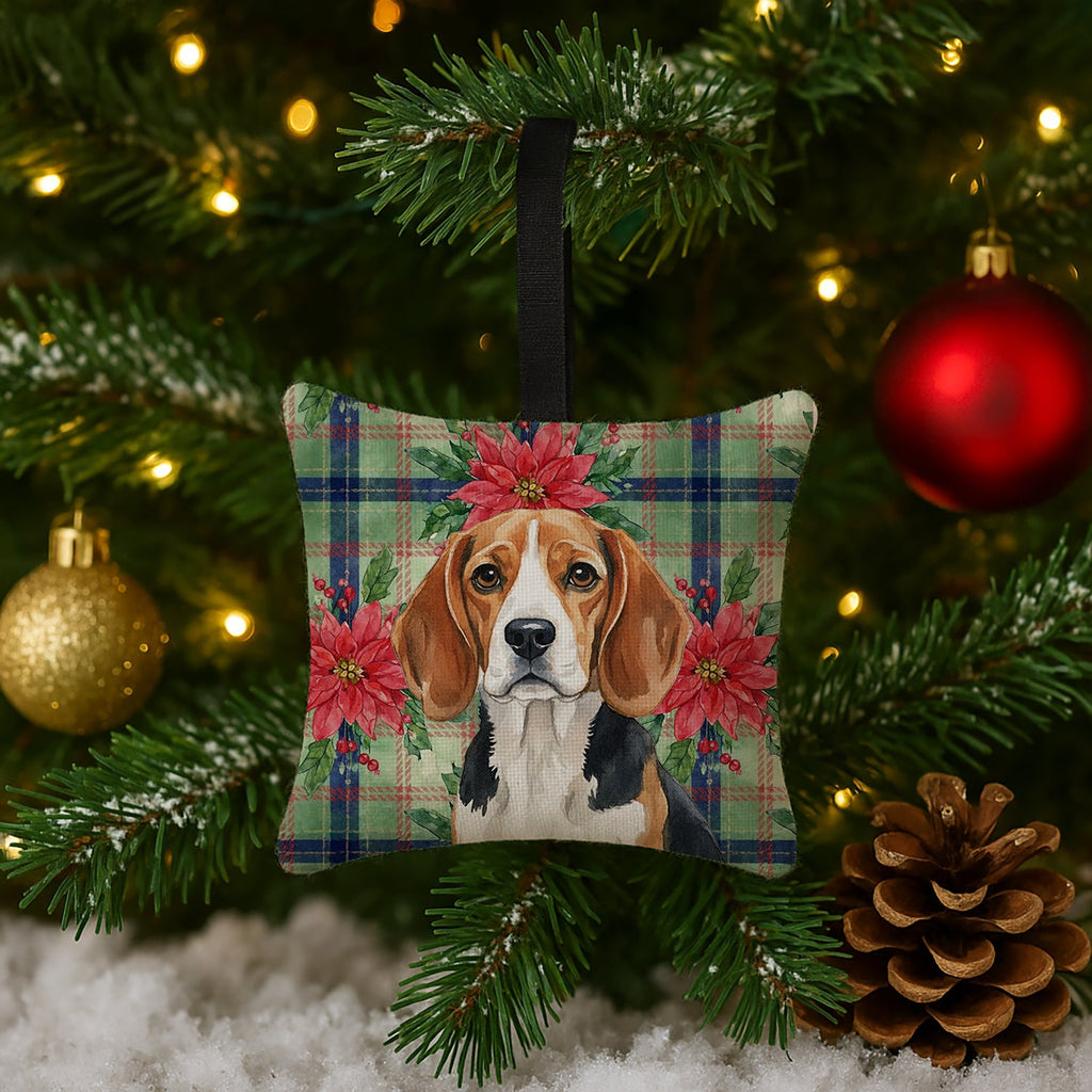 Beagle Christmas PoinsettIas Hanging Square Fabric Ornament 3.5 � 3.5 Decorative Door-Knob & Tree Hanger, Soft Fabric