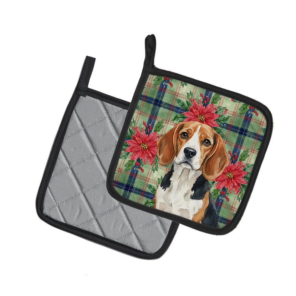 Beagle Christmas PoinsettIas Pot Holder Set of 2 Heat Resistant Quilted Hot Pads 7.5 x 7.5 Inch, Insulated Kitchen Trivets for Cooking & Baking