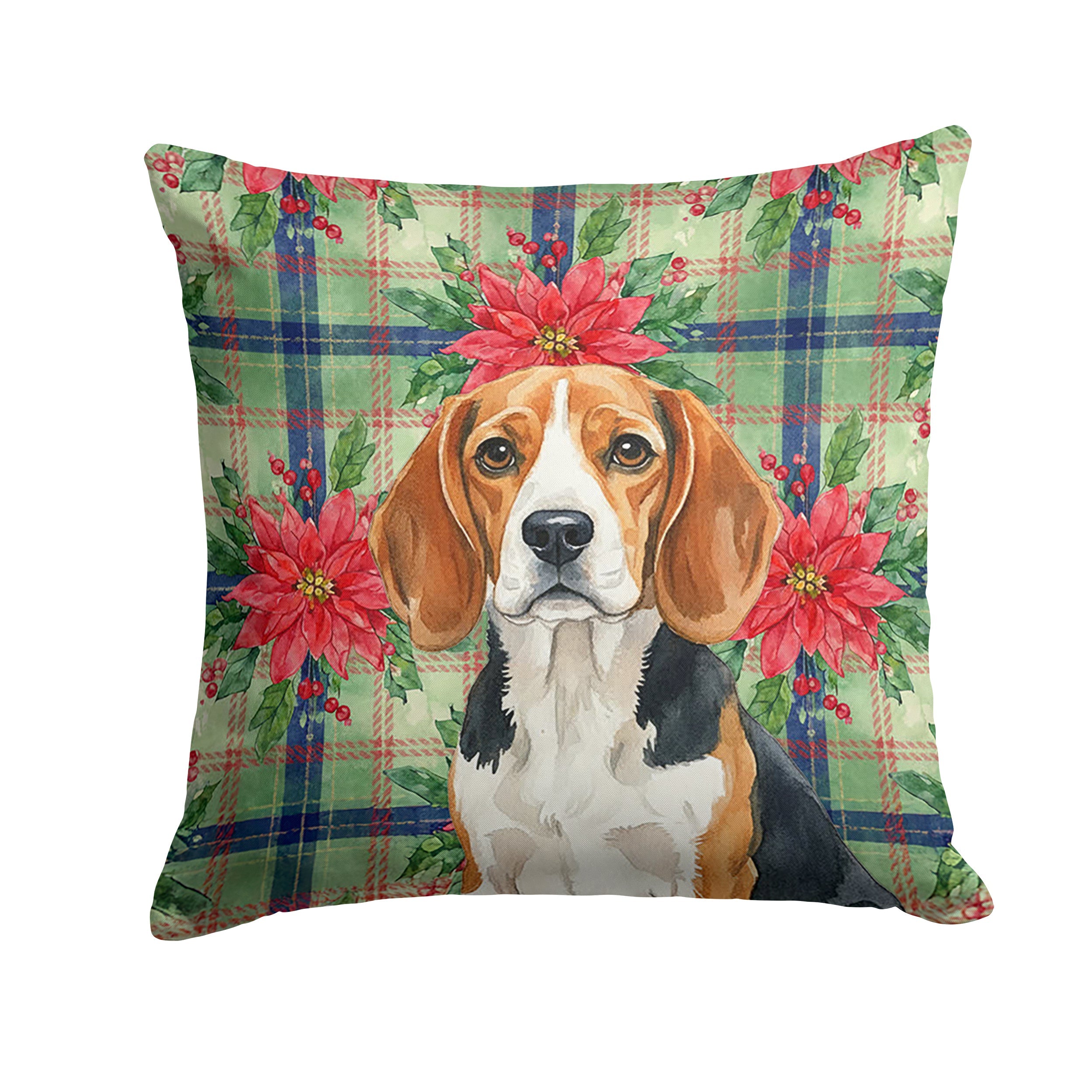 Beagle Christmas PoinsettIas Decorative Throw Pillow 14x14 Indoor Outdoor Accent Cushion, Fabric Cover with Insert for Sofa, Bed, Porch & Living Room