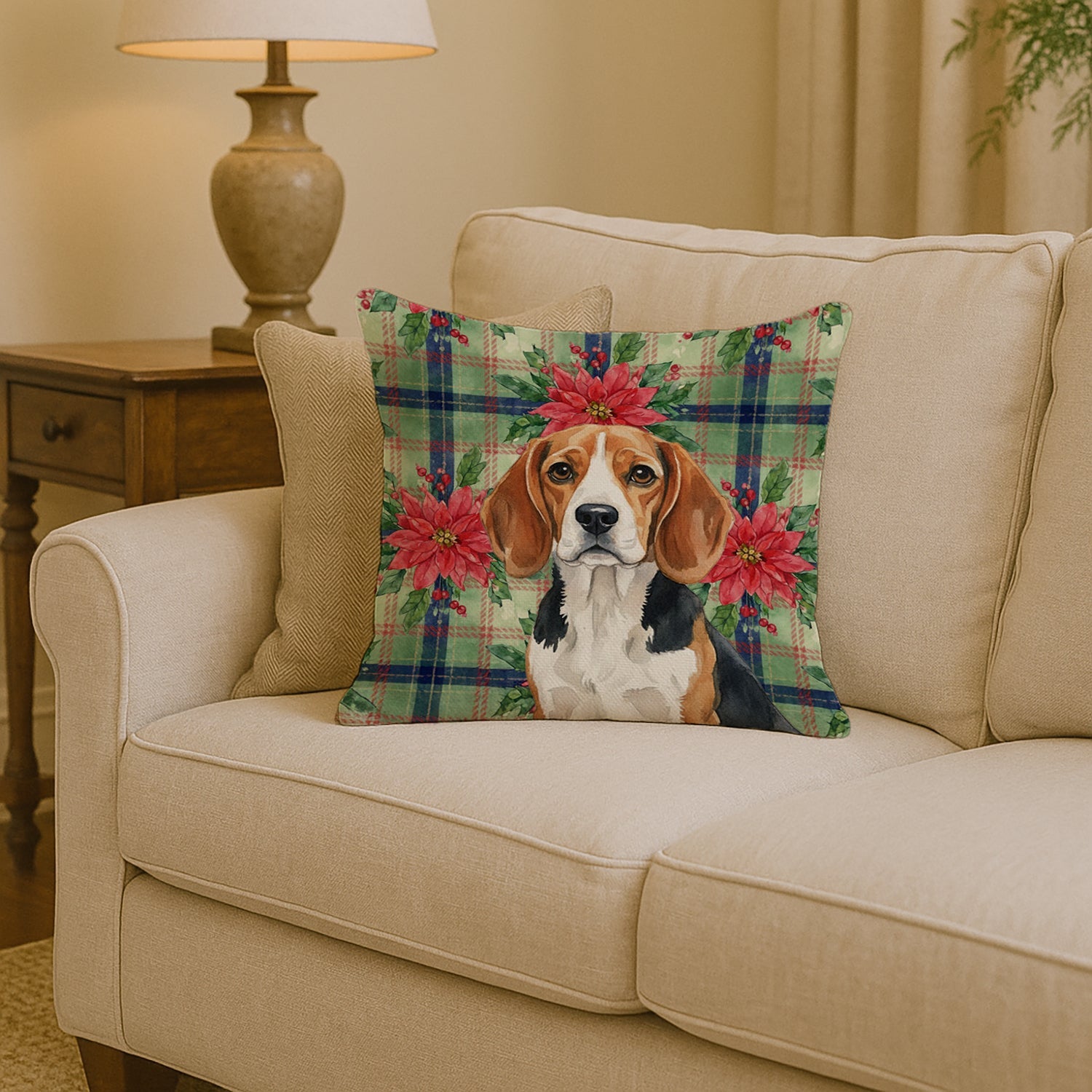 Beagle Christmas PoinsettIas Decorative Throw Pillow 14x14 Indoor Outdoor Accent Cushion, Fabric Cover with Insert for Sofa, Bed, Porch & Living Room