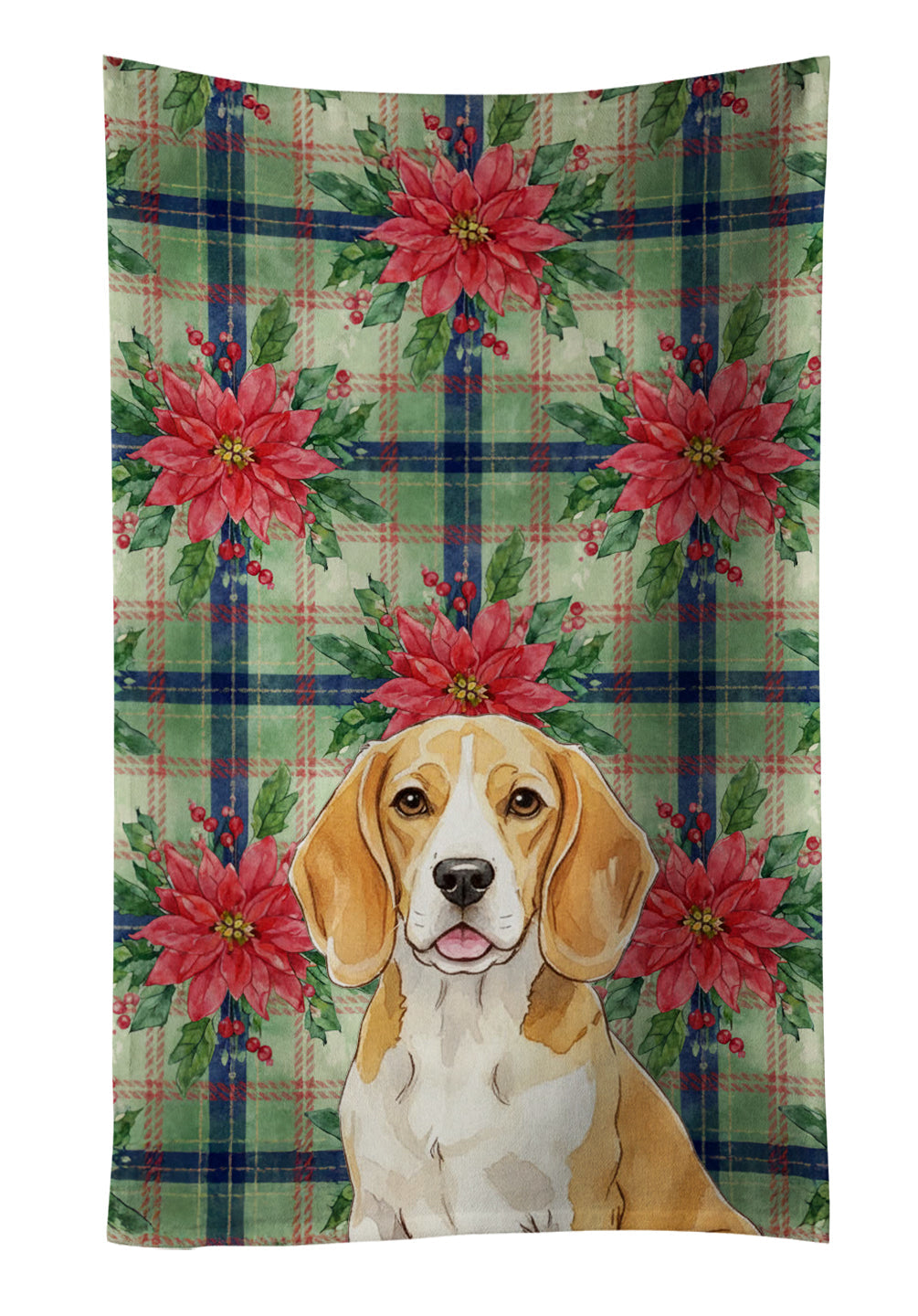 Lemon and White Beagle Christmas PoinsettIas Kitchen Towel Velour Plush Front and Cotton Loop Back Machine Washable