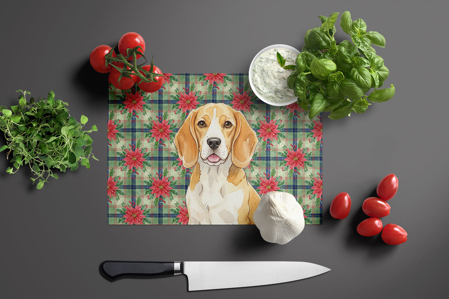 Lemon and White Beagle Christmas PoinsettIas Cutting Board Tempered Glass Kitchen Cutting Surface, Heat Resistant Chopping, Non-Slip Feet, Food Prep & Serving