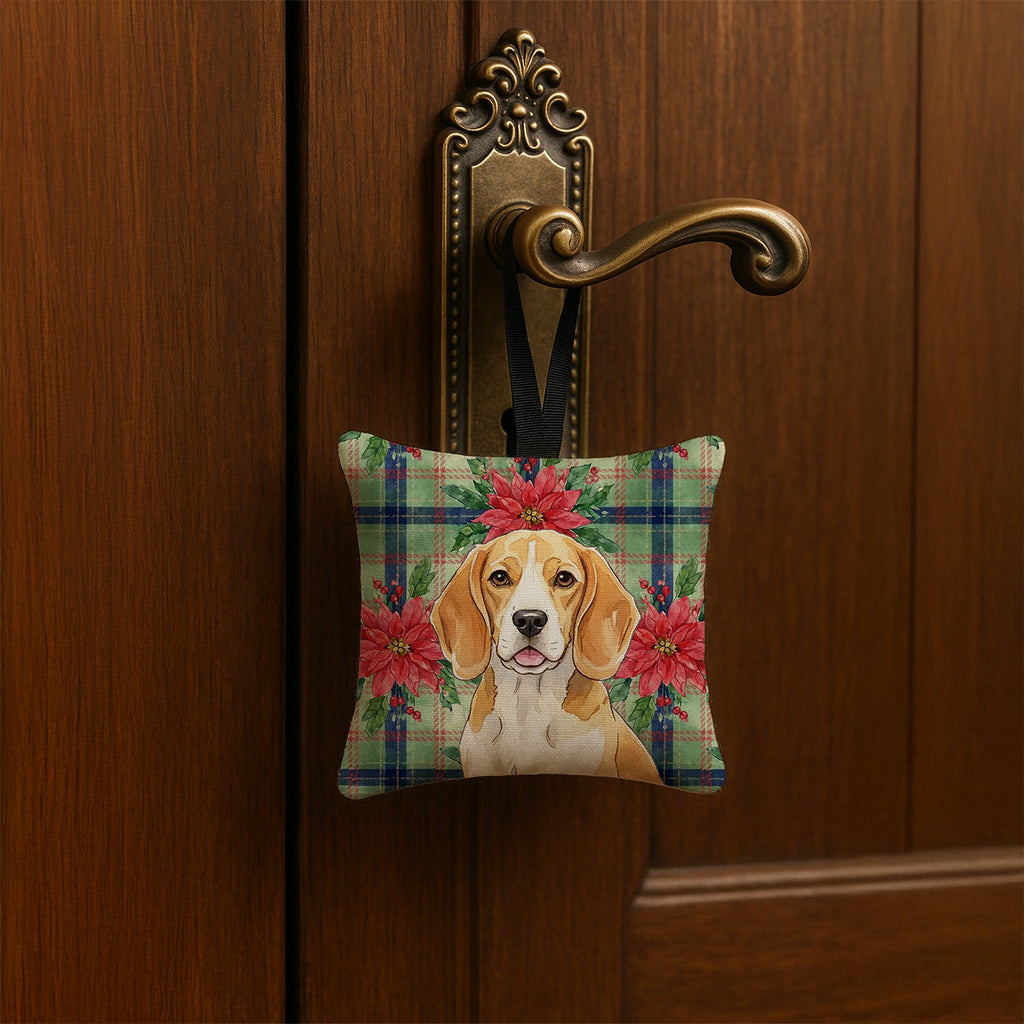 Lemon and White Beagle Christmas PoinsettIas Hanging Square Fabric Ornament 3.5 � 3.5 Decorative Door-Knob & Tree Hanger, Soft Fabric