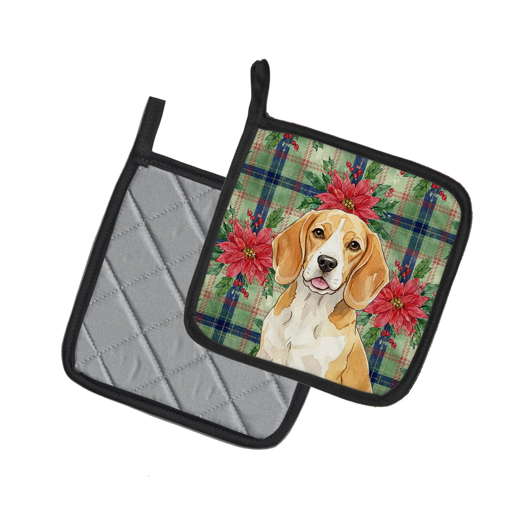 Lemon and White Beagle Christmas PoinsettIas Pot Holder Set of 2 Heat Resistant Quilted Hot Pads 7.5 x 7.5 Inch, Insulated Kitchen Trivets for Cooking & Baking