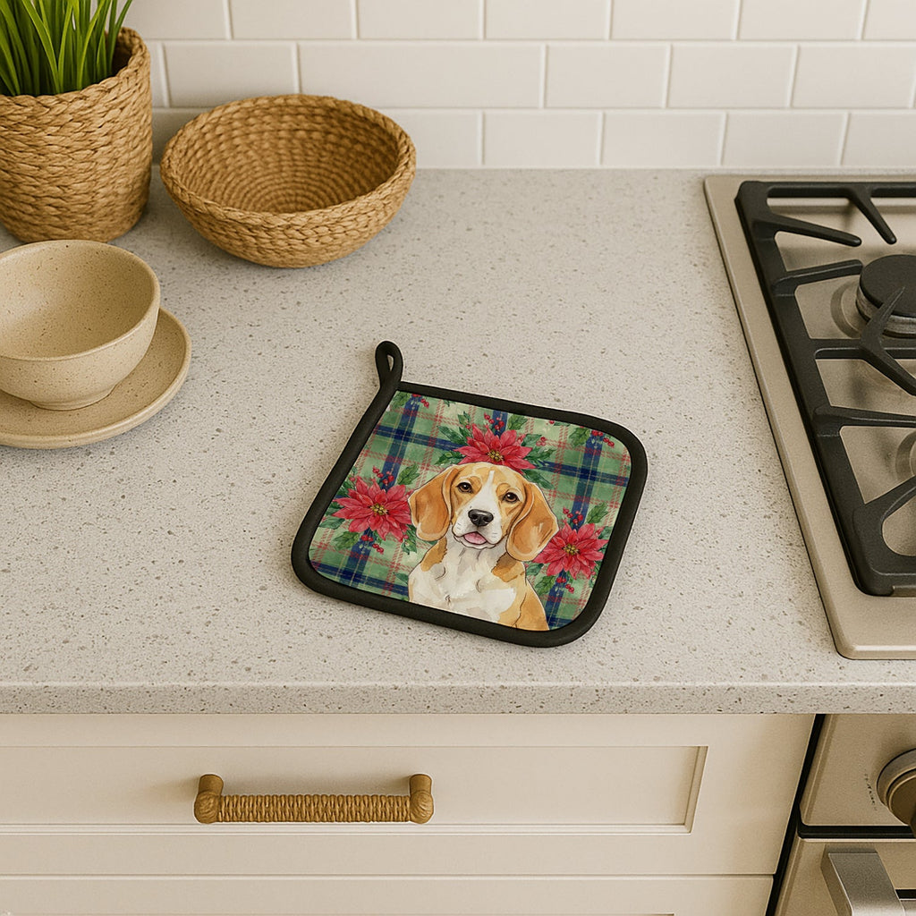 Lemon and White Beagle Christmas PoinsettIas Pot Holder Set of 2 Heat Resistant Quilted Hot Pads 7.5 x 7.5 Inch, Insulated Kitchen Trivets for Cooking & Baking