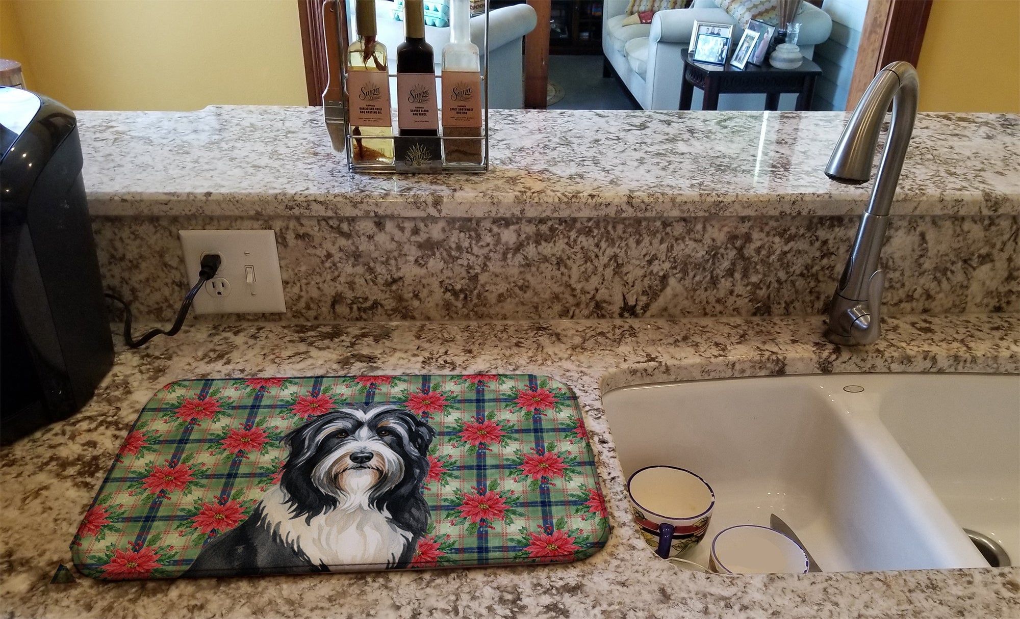 Black Bearded Collie Christmas PoinsettIas Dish Drying Mat Absorbent Dish Drying Mat Pad for Kitchen Counter Dish Drainer Mat for Countertop, 14 x 21", Multicolor