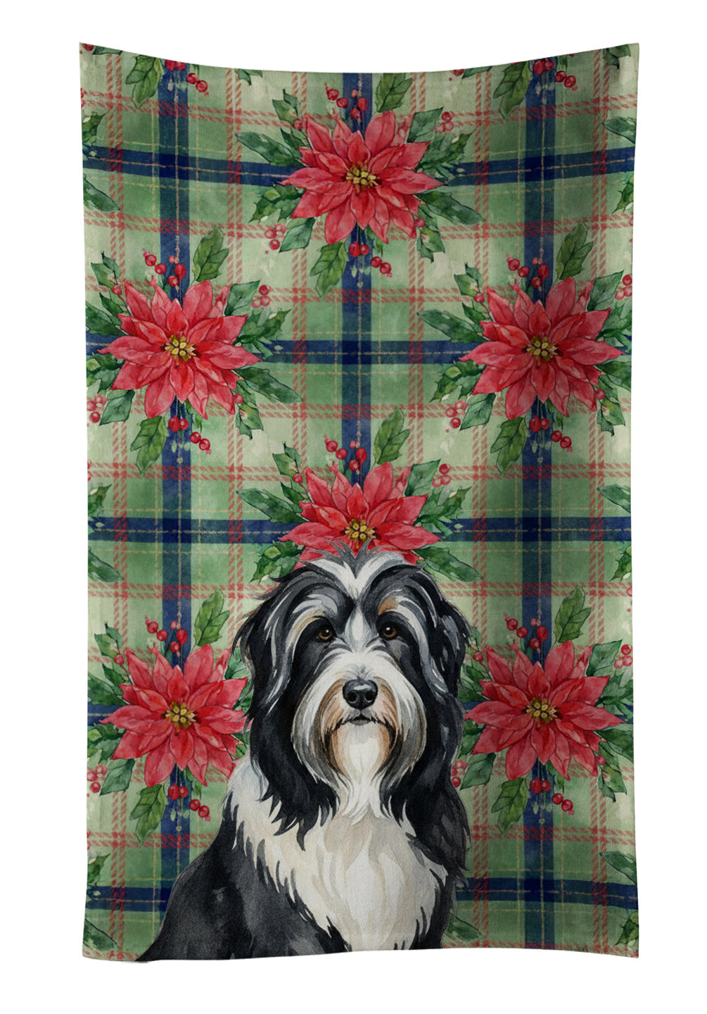 Black Bearded Collie Christmas PoinsettIas Kitchen Towel Velour Plush Front and Cotton Loop Back Machine Washable