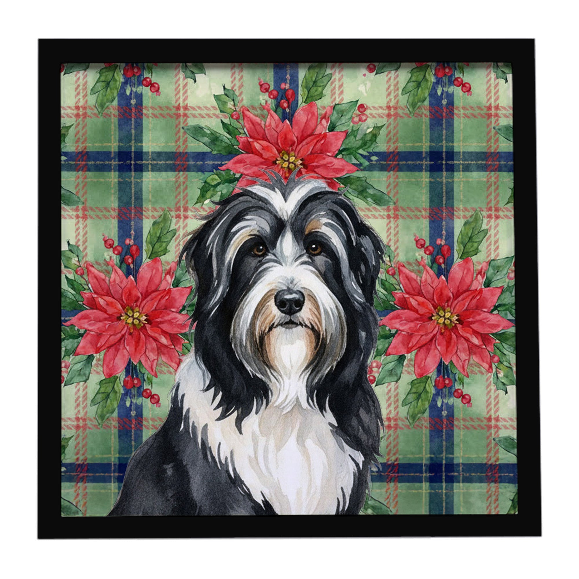 Black Bearded Collie Christmas PoinsettIas Framed Metal Print Bathroom, Kitchen, Office, Home Decor Wall Art Ready to Hang, Square, 8X8