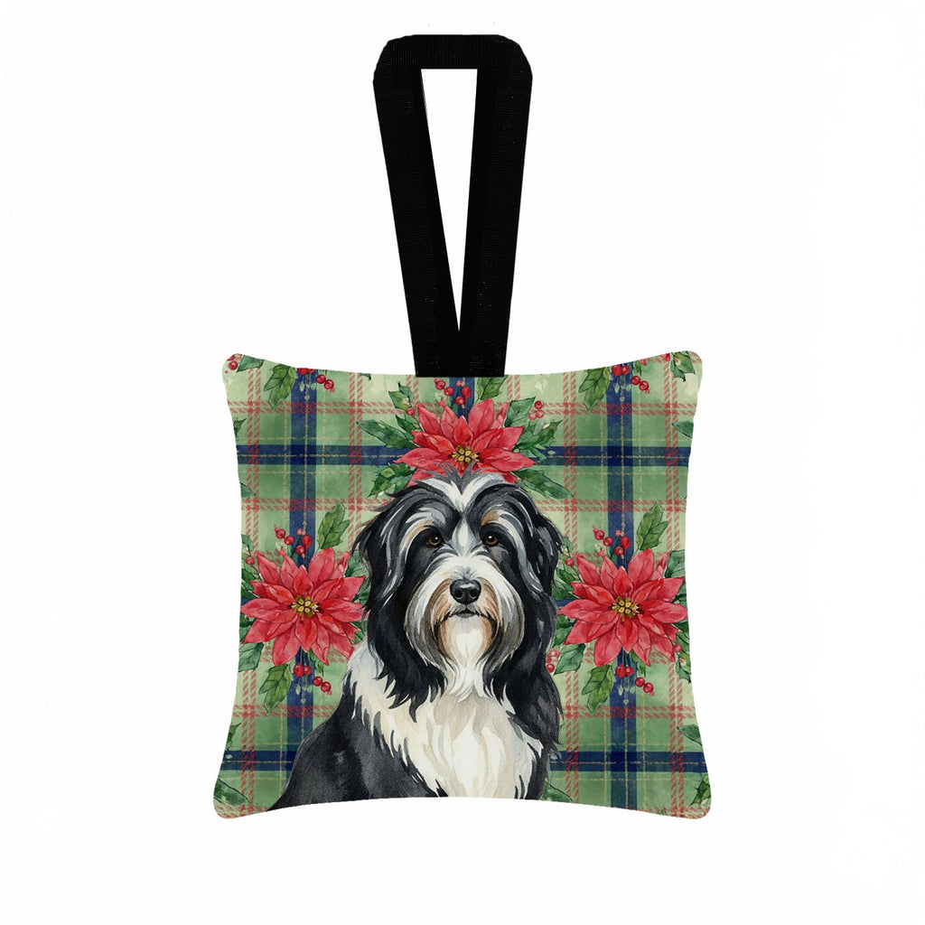 Black Bearded Collie Christmas PoinsettIas Hanging Square Fabric Ornament 3.5 � 3.5 Decorative Door-Knob & Tree Hanger, Soft Fabric