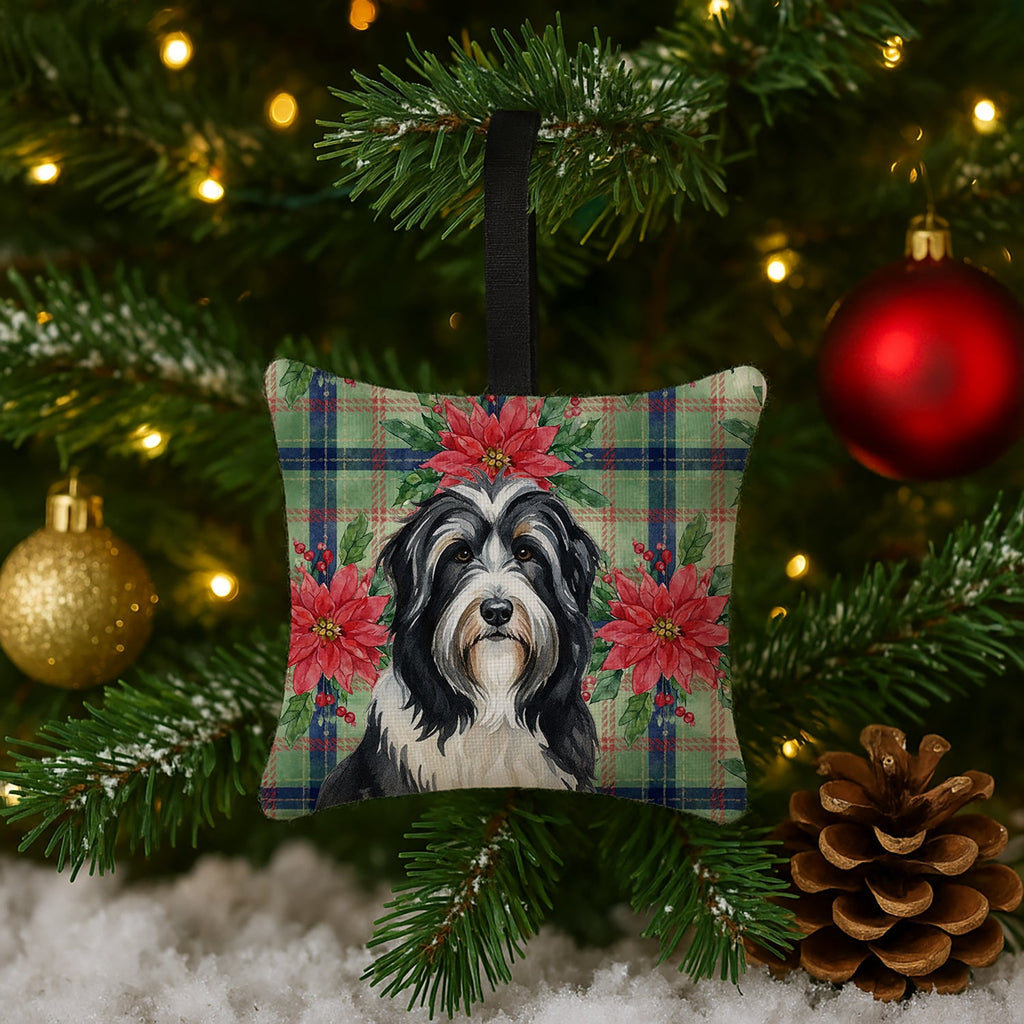 Black Bearded Collie Christmas PoinsettIas Hanging Square Fabric Ornament 3.5 � 3.5 Decorative Door-Knob & Tree Hanger, Soft Fabric