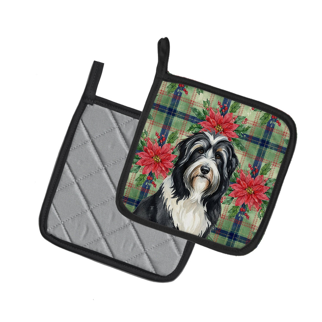 Black Bearded Collie Christmas PoinsettIas Pot Holder Set of 2 Heat Resistant Quilted Hot Pads 7.5 x 7.5 Inch, Insulated Kitchen Trivets for Cooking & Baking