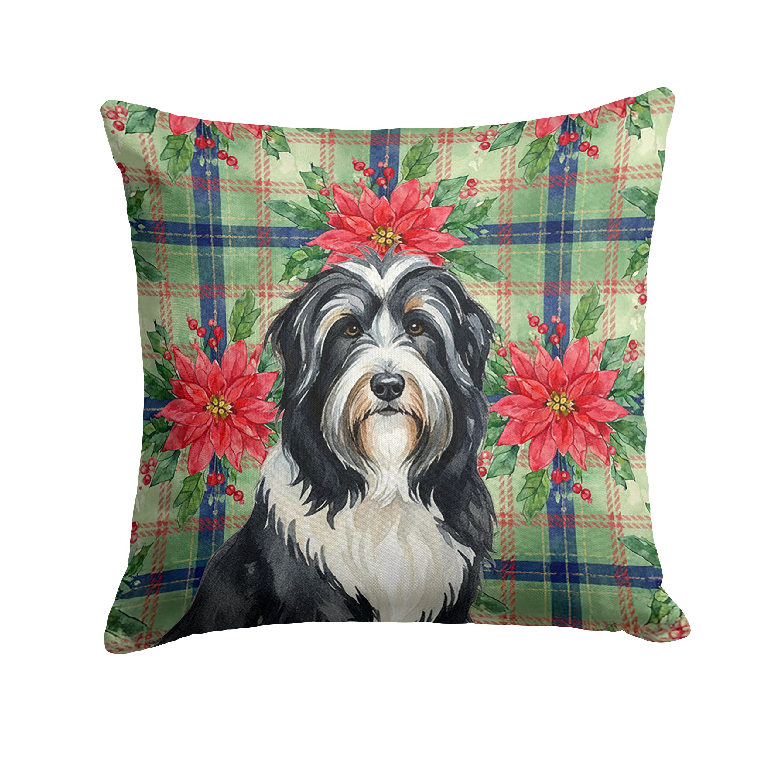 Black Bearded Collie Christmas PoinsettIas Decorative Throw Pillow 14x14 Indoor Outdoor Accent Cushion, Fabric Cover with Insert for Sofa, Bed, Porch & Living Room