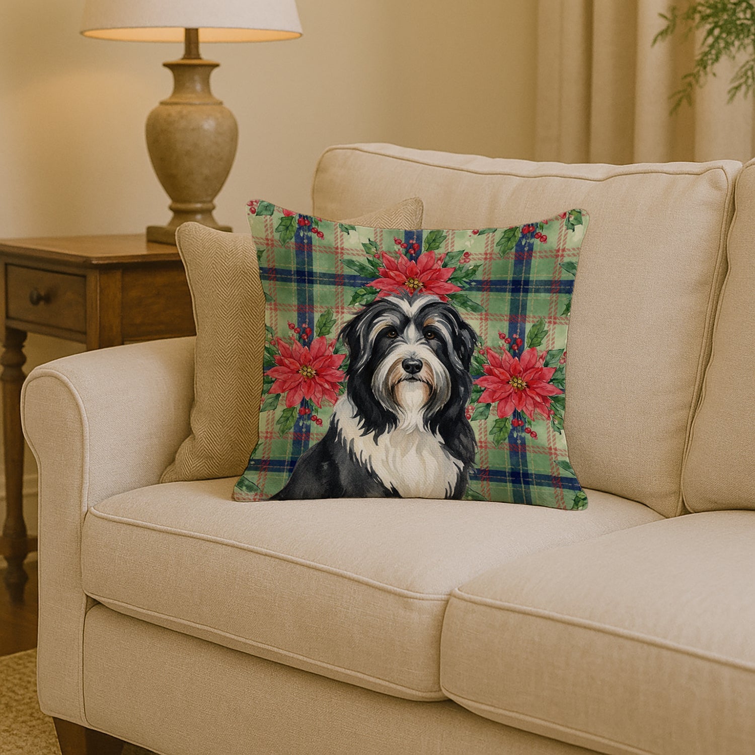 Black Bearded Collie Christmas PoinsettIas Decorative Throw Pillow 14x14 Indoor Outdoor Accent Cushion, Fabric Cover with Insert for Sofa, Bed, Porch & Living Room