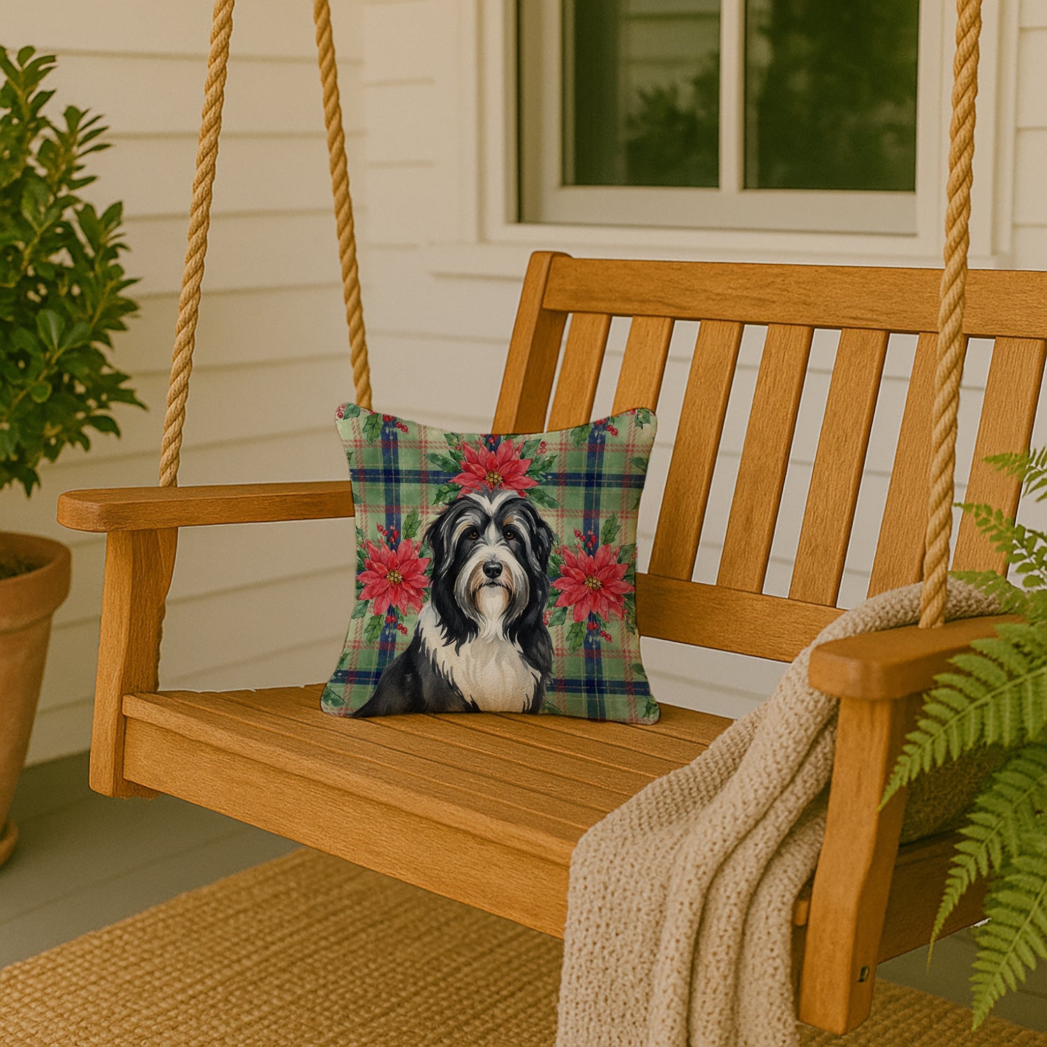 Black Bearded Collie Christmas PoinsettIas Decorative Throw Pillow 14x14 Indoor Outdoor Accent Cushion, Fabric Cover with Insert for Sofa, Bed, Porch & Living Room