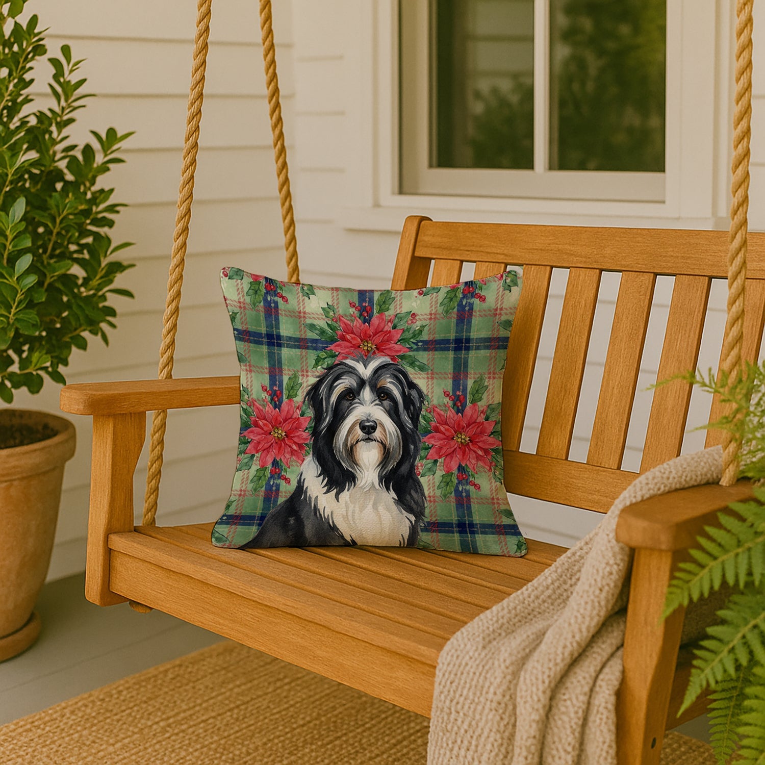 Black Bearded Collie Christmas PoinsettIas Decorative Throw Pillow 18x18 Indoor Outdoor Accent Cushion, Fabric Cover with Insert for Sofa, Bed, Porch & Living Room
