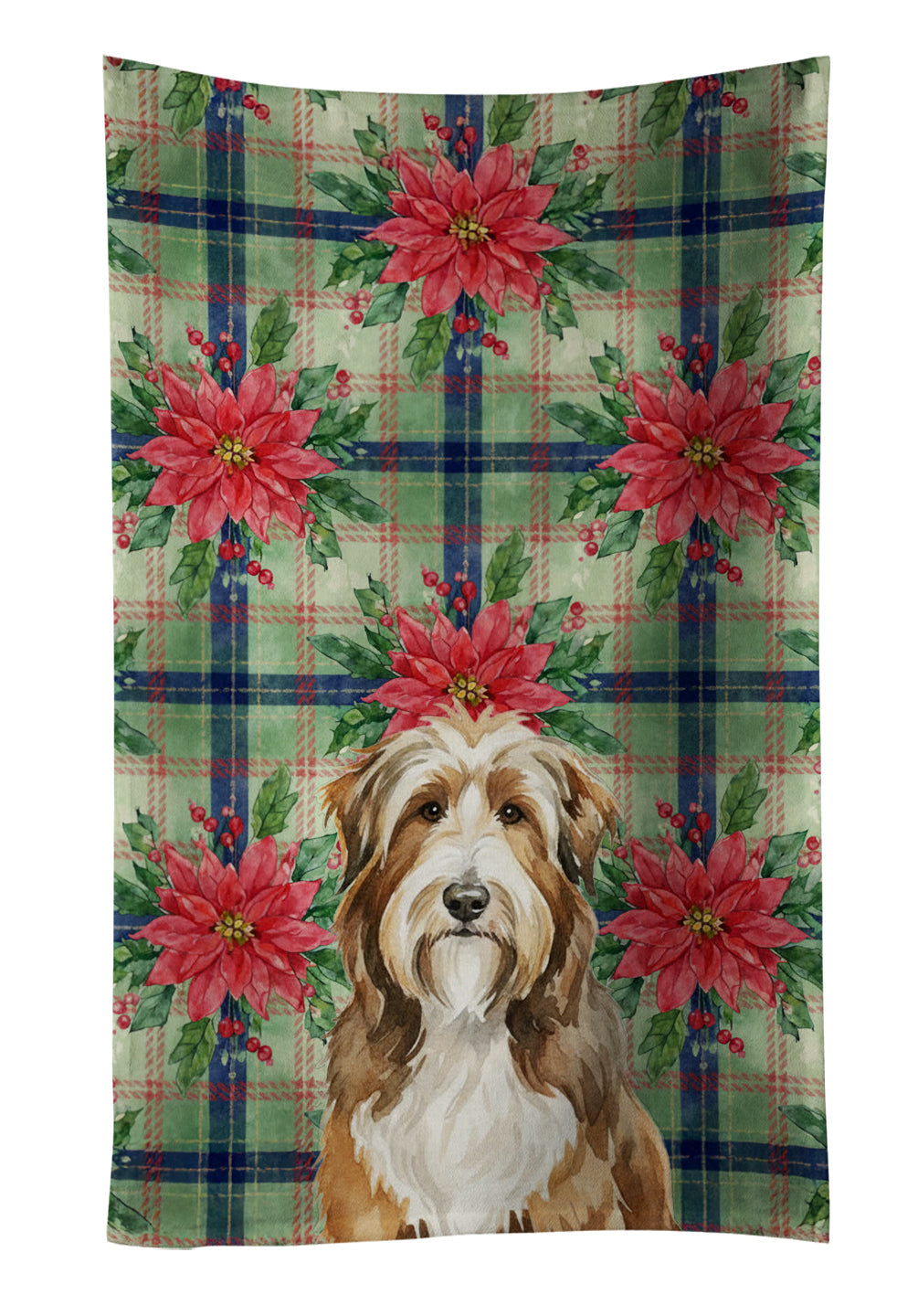 Brown Bearded Collie Christmas PoinsettIas Kitchen Towel Velour Plush Front and Cotton Loop Back Machine Washable
