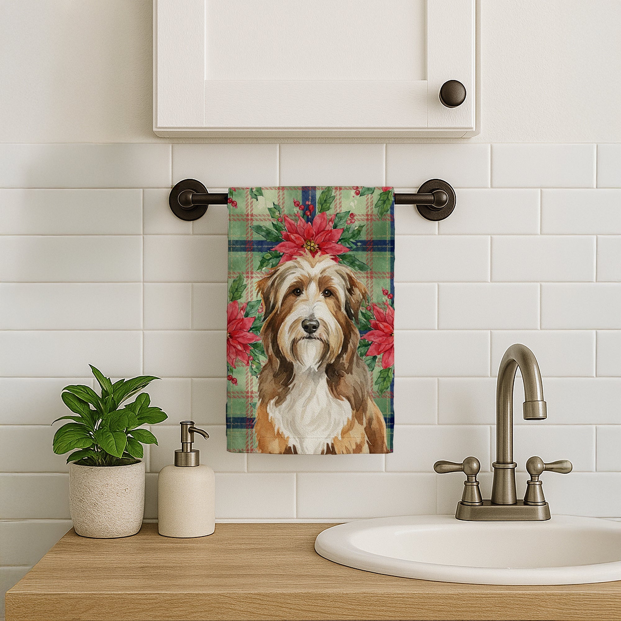 Brown Bearded Collie Christmas PoinsettIas Kitchen Towel Velour Plush Front and Cotton Loop Back Machine Washable