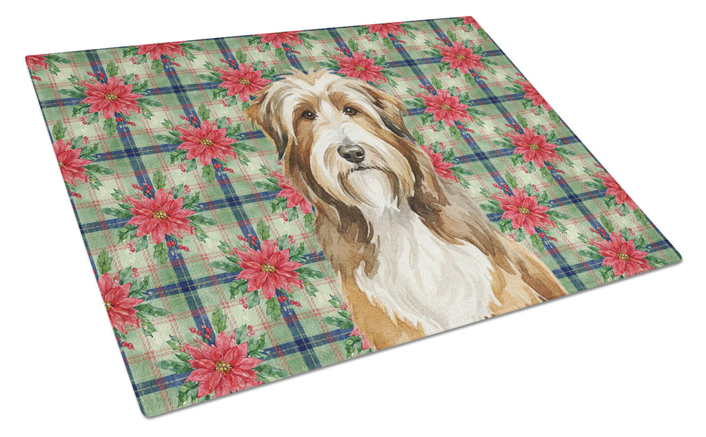 Brown Bearded Collie Christmas PoinsettIas Cutting Board Tempered Glass Kitchen Cutting Surface, Heat Resistant Chopping, Non-Slip Feet, Food Prep & Serving