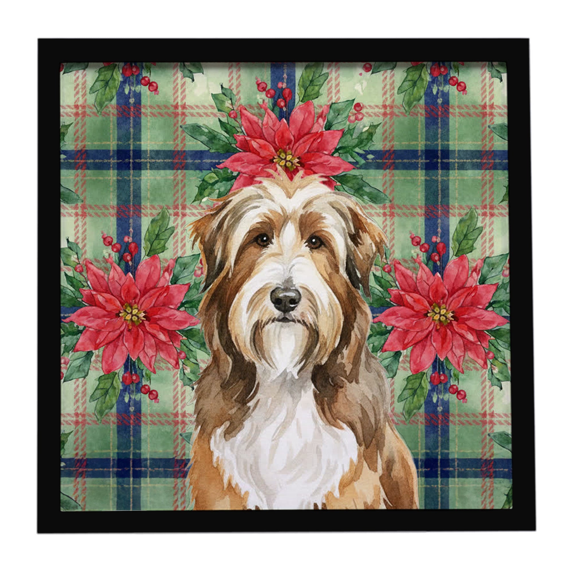 Brown Bearded Collie Christmas PoinsettIas Framed Metal Print Bathroom, Kitchen, Office, Home Decor Wall Art Ready to Hang, Square, 8X8