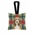 Brown Bearded Collie Christmas PoinsettIas Hanging Square Fabric Ornament 3.5 � 3.5 Decorative Door-Knob & Tree Hanger, Soft Fabric