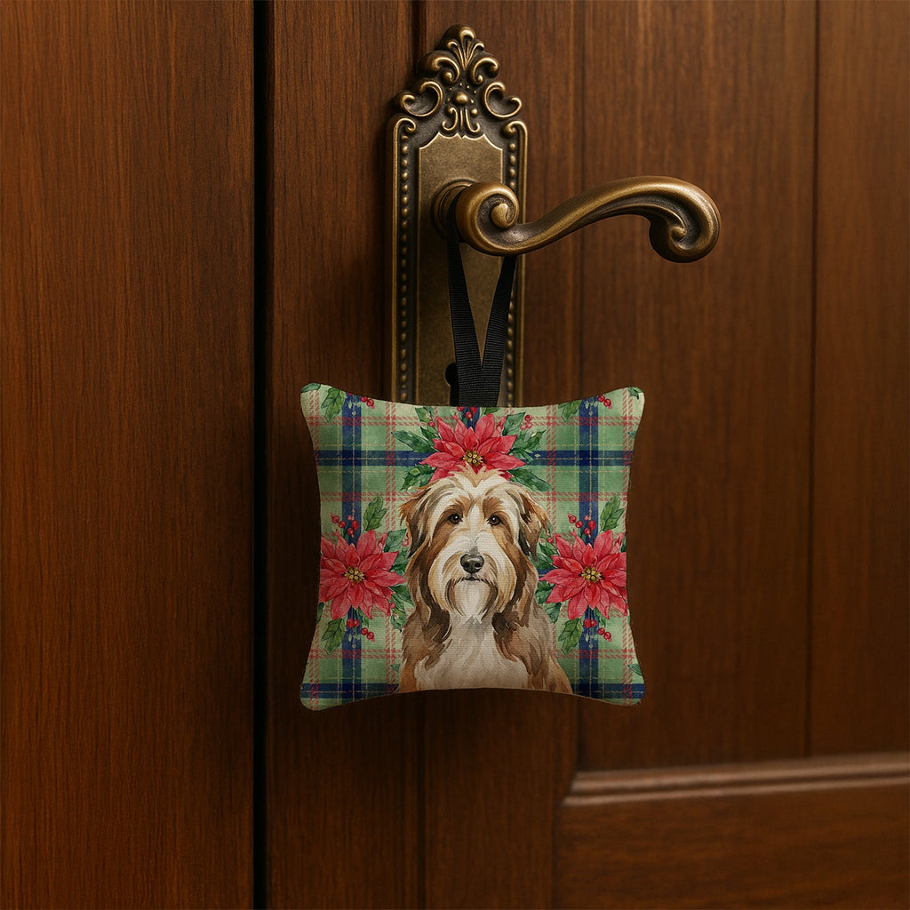 Brown Bearded Collie Christmas PoinsettIas Hanging Square Fabric Ornament 3.5 � 3.5 Decorative Door-Knob & Tree Hanger, Soft Fabric
