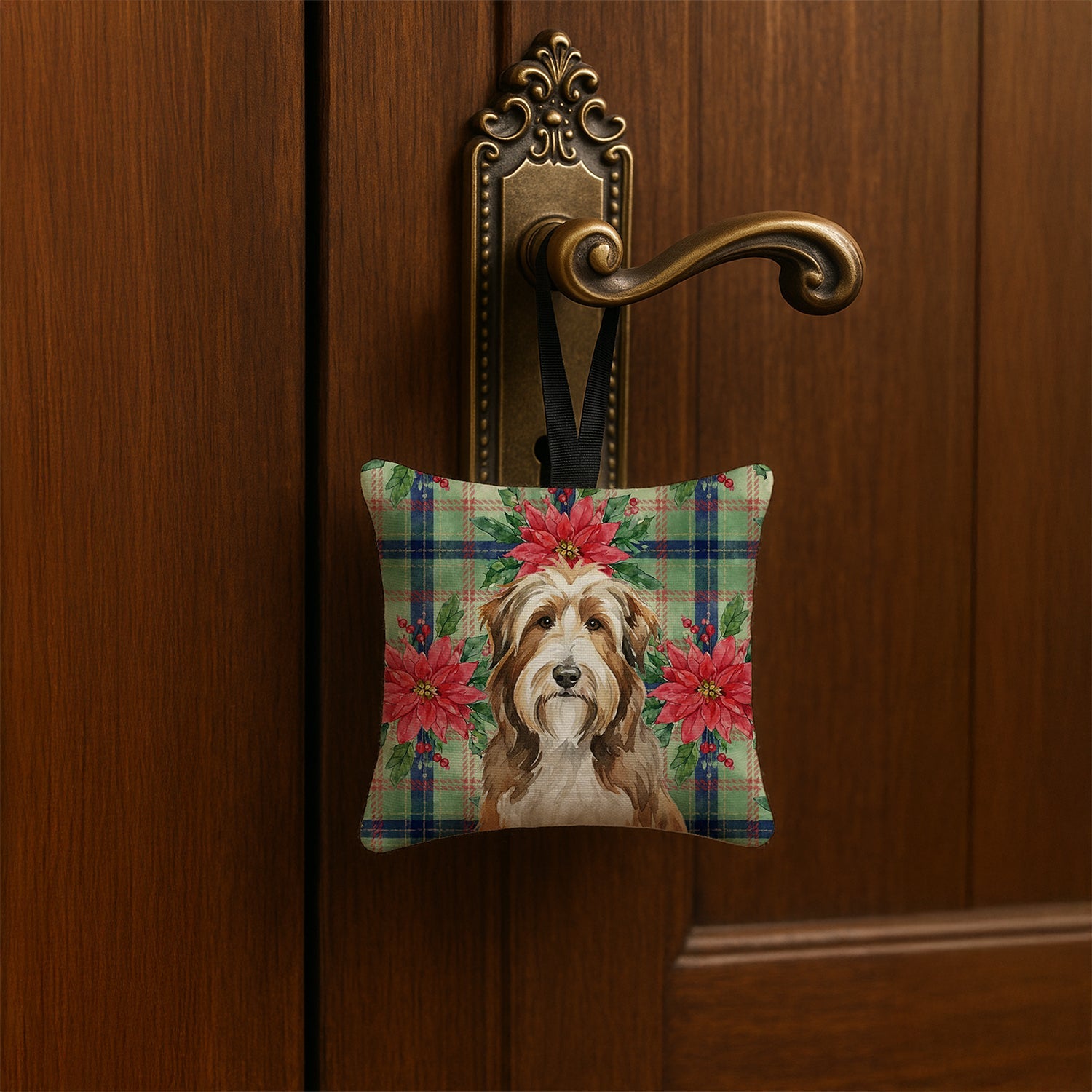 Brown Bearded Collie Christmas PoinsettIas Hanging Square Fabric Ornament 3.5 � 3.5 Decorative Door-Knob & Tree Hanger, Soft Fabric