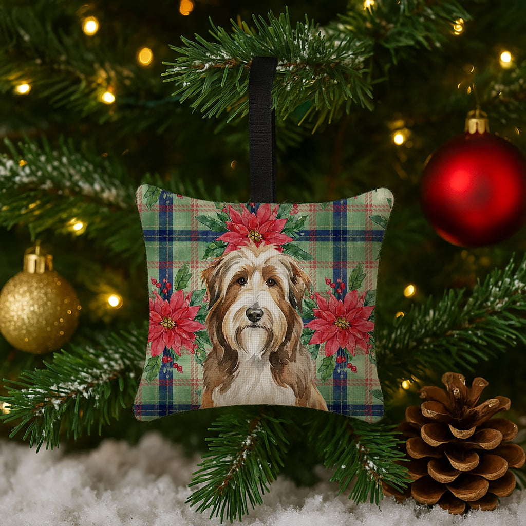 Brown Bearded Collie Christmas PoinsettIas Hanging Square Fabric Ornament 3.5 � 3.5 Decorative Door-Knob & Tree Hanger, Soft Fabric