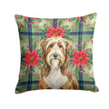 Brown Bearded Collie Christmas PoinsettIas Decorative Throw Pillow 18x18 Indoor Outdoor Accent Cushion, Fabric Cover with Insert for Sofa, Bed, Porch & Living Room