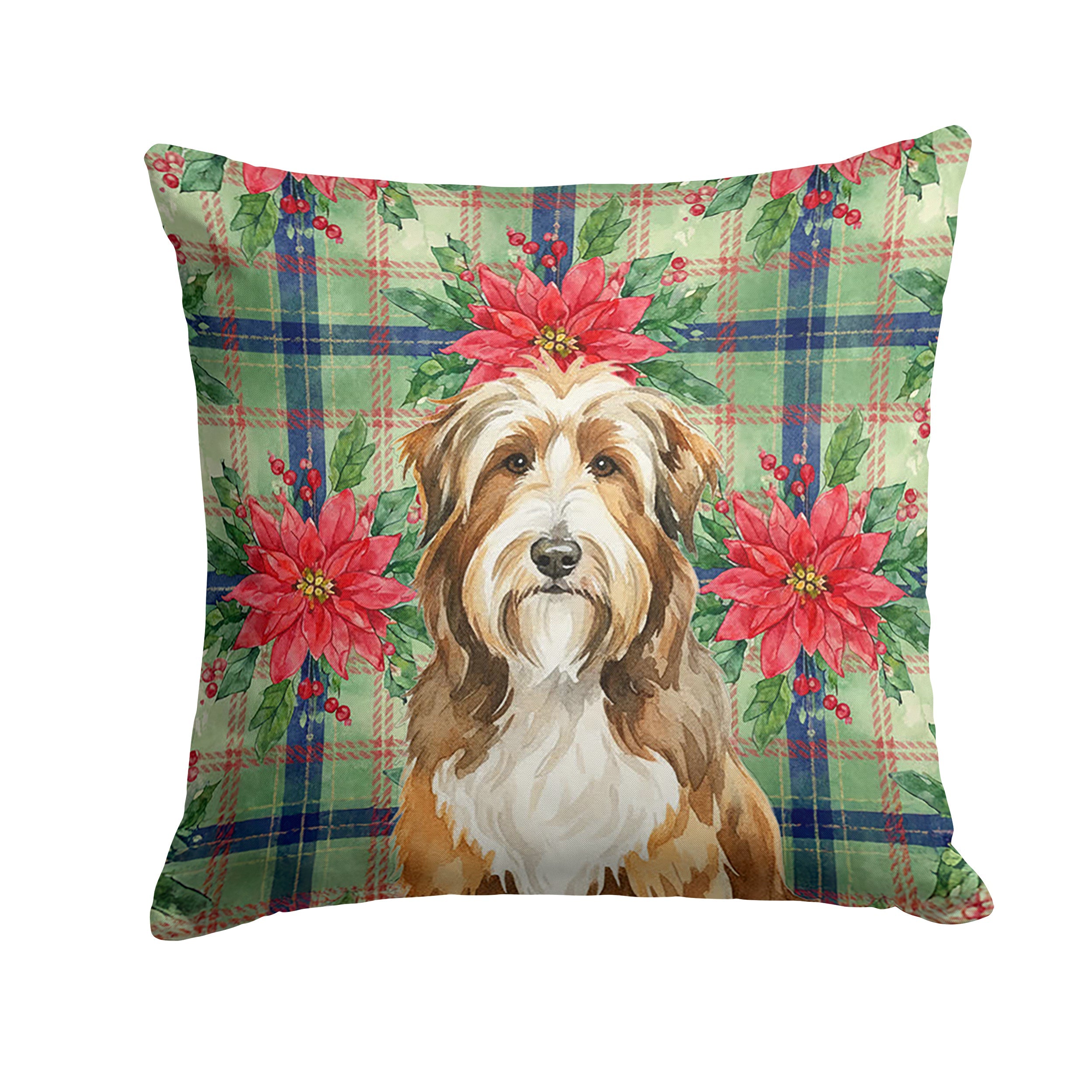 Brown Bearded Collie Christmas PoinsettIas Decorative Throw Pillow 18x18 Indoor Outdoor Accent Cushion, Fabric Cover with Insert for Sofa, Bed, Porch & Living Room