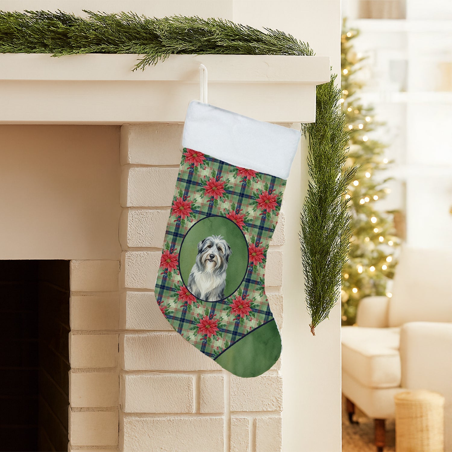 Bearded Collie Christmas PoinsettIas Holiday Stocking Double-Sided Print, Polyester Suede,11x18, Made in USA
