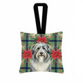 Bearded Collie Christmas PoinsettIas Hanging Square Fabric Ornament 3.5 � 3.5 Decorative Door-Knob & Tree Hanger, Soft Fabric