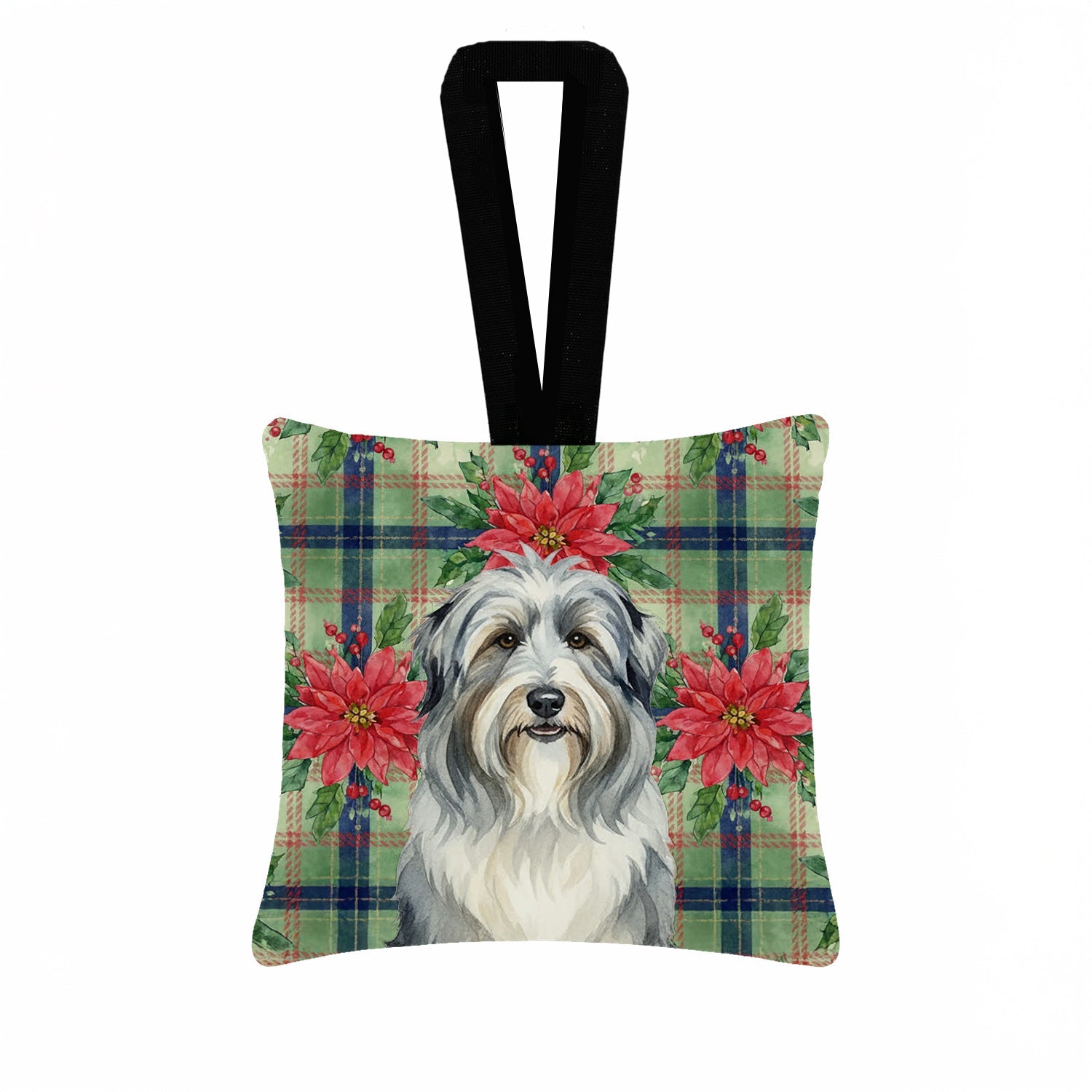 Bearded Collie Christmas PoinsettIas Hanging Square Fabric Ornament 3.5 � 3.5 Decorative Door-Knob & Tree Hanger, Soft Fabric