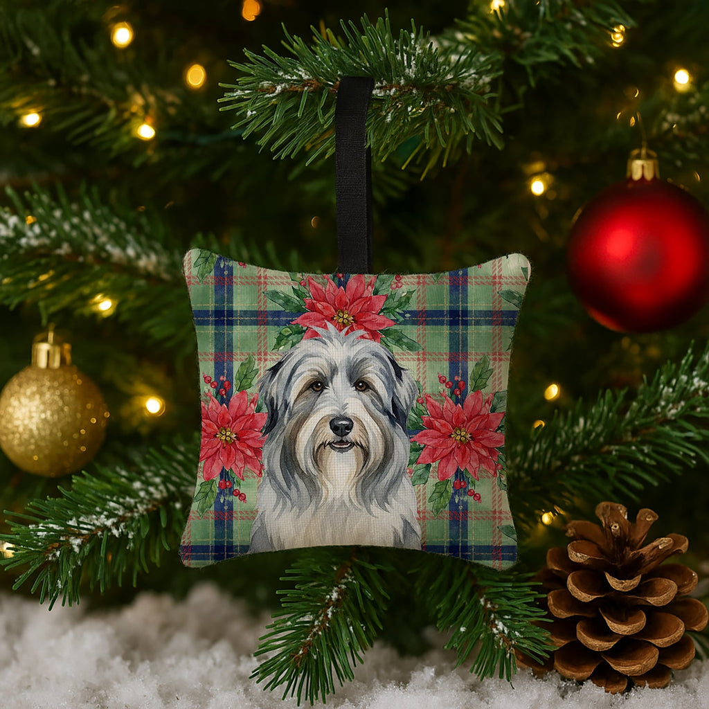 Bearded Collie Christmas PoinsettIas Hanging Square Fabric Ornament 3.5 � 3.5 Decorative Door-Knob & Tree Hanger, Soft Fabric